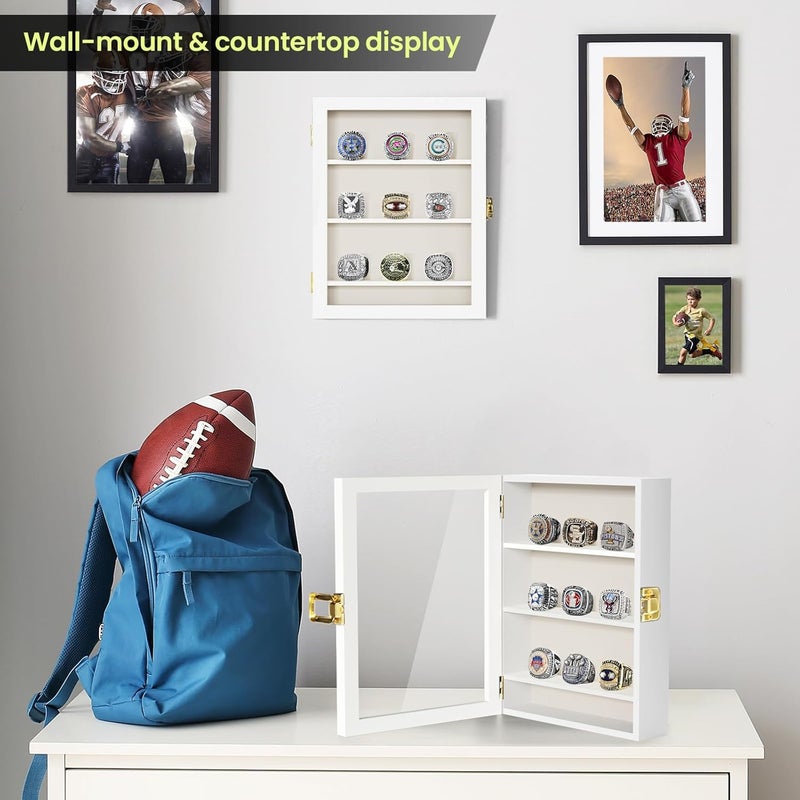 TJMOREE Championship Ring Display Case, 9 Ring Posts Baseball Ring Display Case, 8 x 10 Wall Mount Wooden Glass Shadow Box with Locks to Show Sport, Class, Fraternity, and Award Rings - White - Image 5